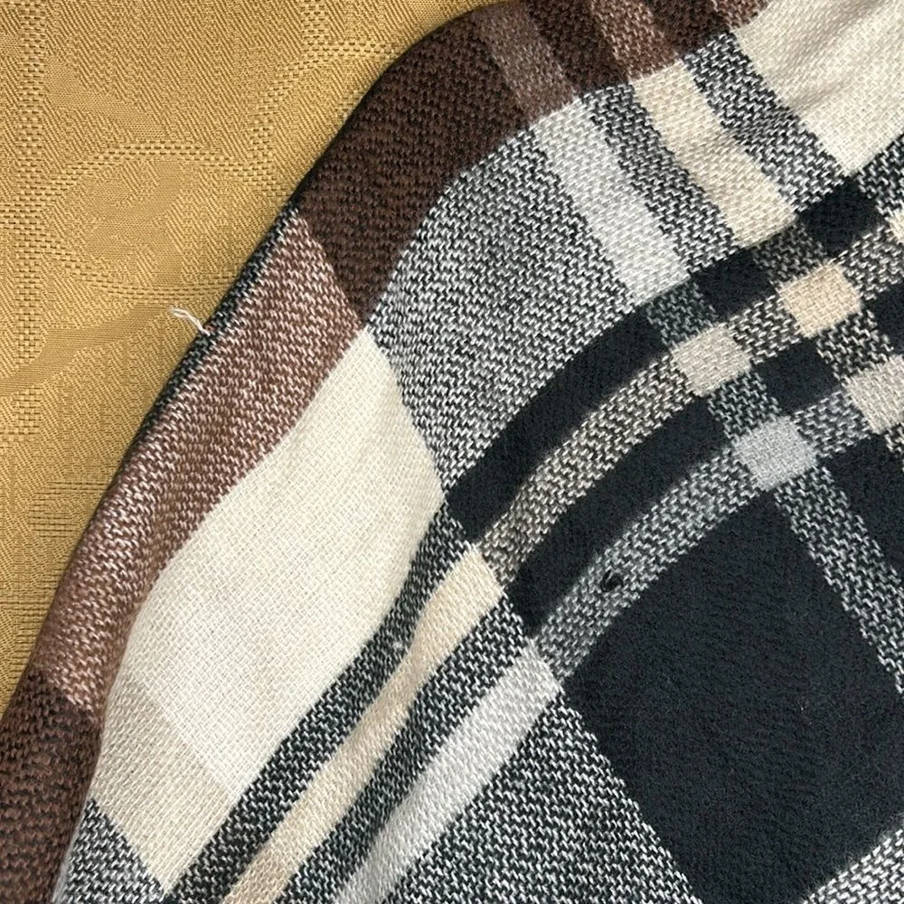 Plaid Open‎ Front Poncho Wrap Scarf Black White Brown OSFM Fall Neutral Cozy
